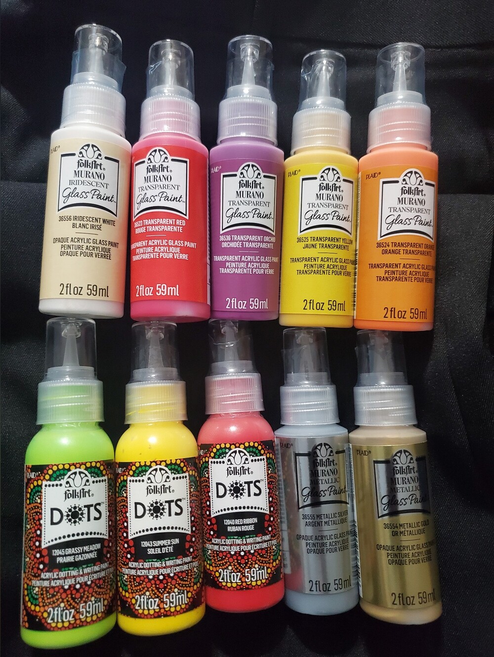 10 New  Folk Art Glass Paint Murano Transparent Metallic &dots Paint 2fl Oz Each